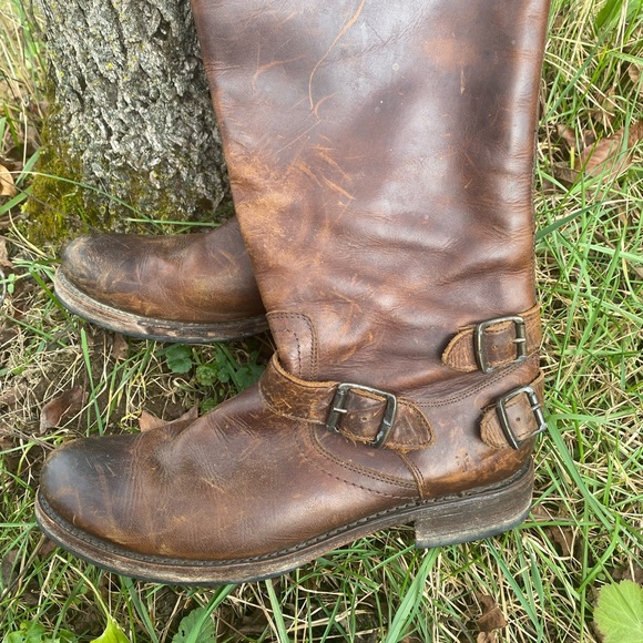 GUC Frye Veronica Back-Zip Tall Moto Boot Maple Brown Leather size 10 - Picture 9 of 12